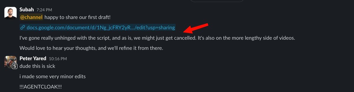 Slack message sharing the unhinged first draft script