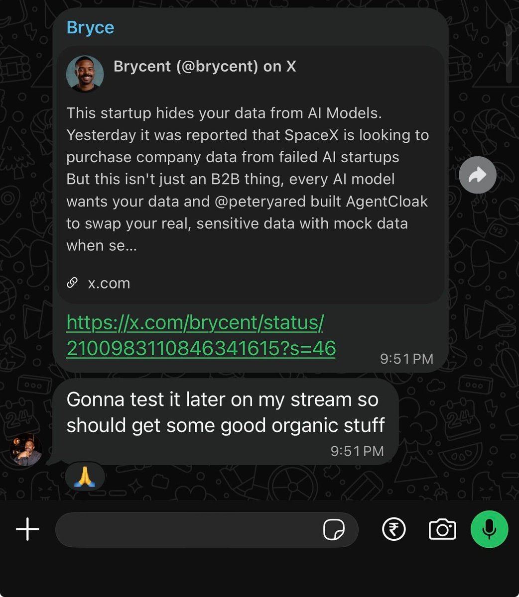 Message from Bryce about demoing AgentCloak on stream