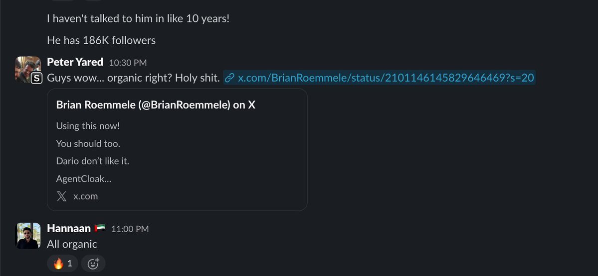 Slack thread about Brian Roemmele organic repost