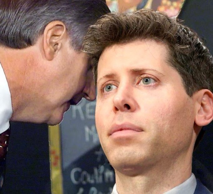 Meme of news being whispered to Sam Altman