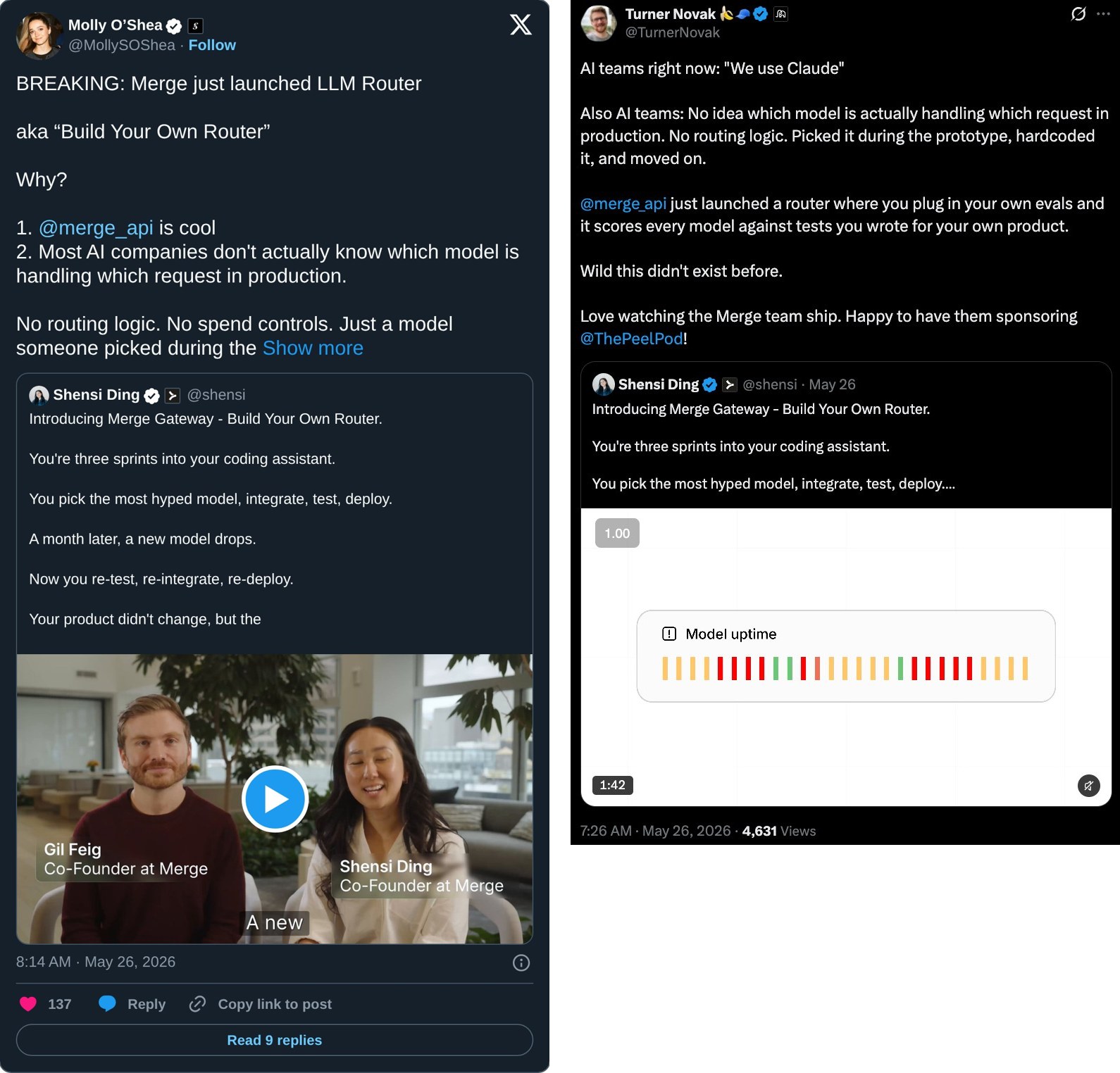 Quote posts from @MollySOShea and @TurnerNovak on launch morning.